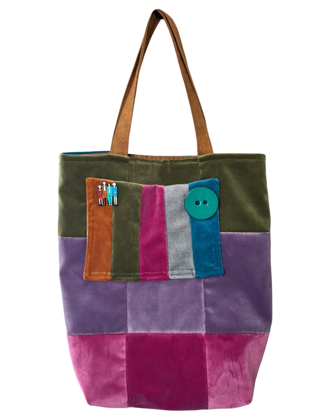 Handmade Colorblock Velvet Patchwork Tote Bag w/ Golden Girls Enamel Pin